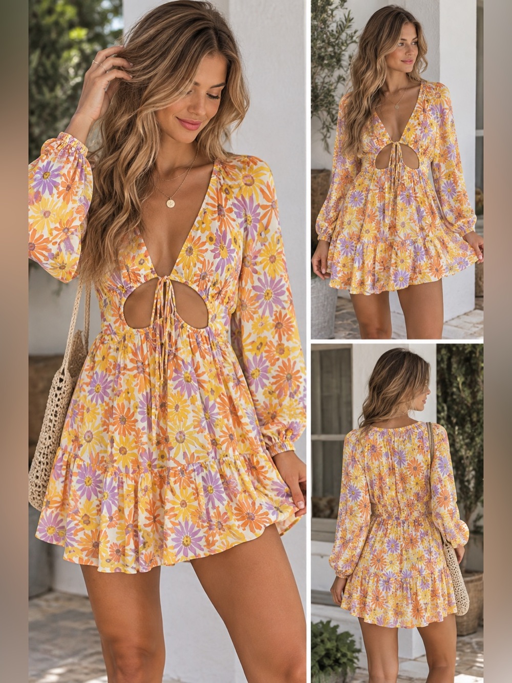 l*space Yellow and Lavender Floral Tie-Front Mini Dress
